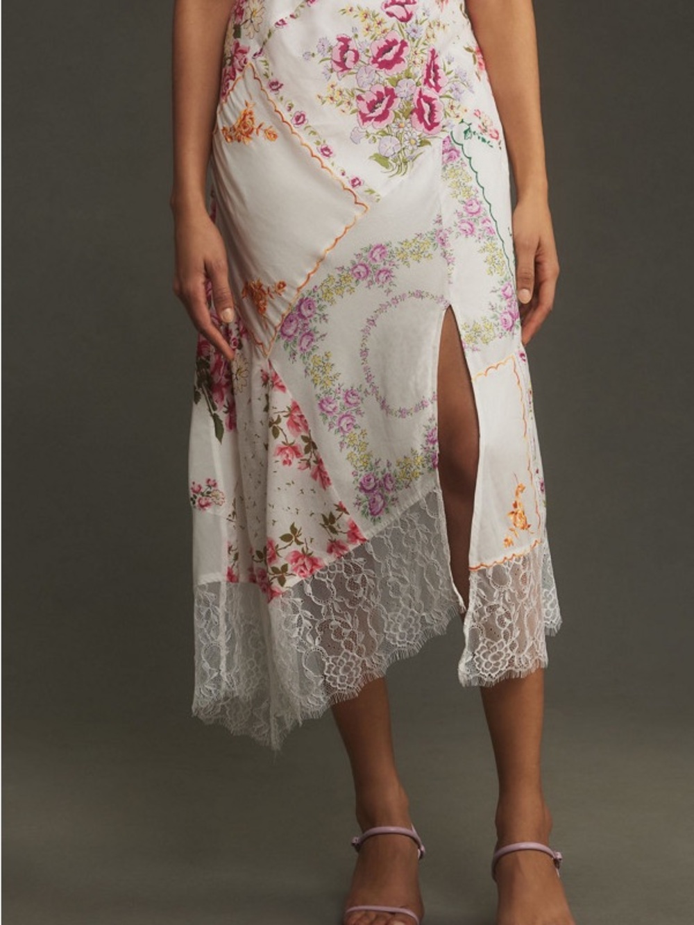 Anthropologie White Midi Skirt with Pink Floral Print and Lace Trim - Picture 3 of 4